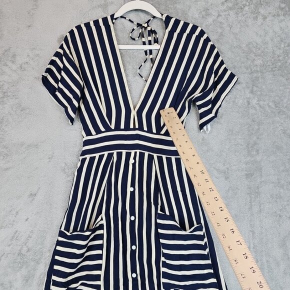 Faithfull The Brand Milan Striped Midi Dress Womens XS Navy Cream Rayon V-Neck - Picture 7 of 9